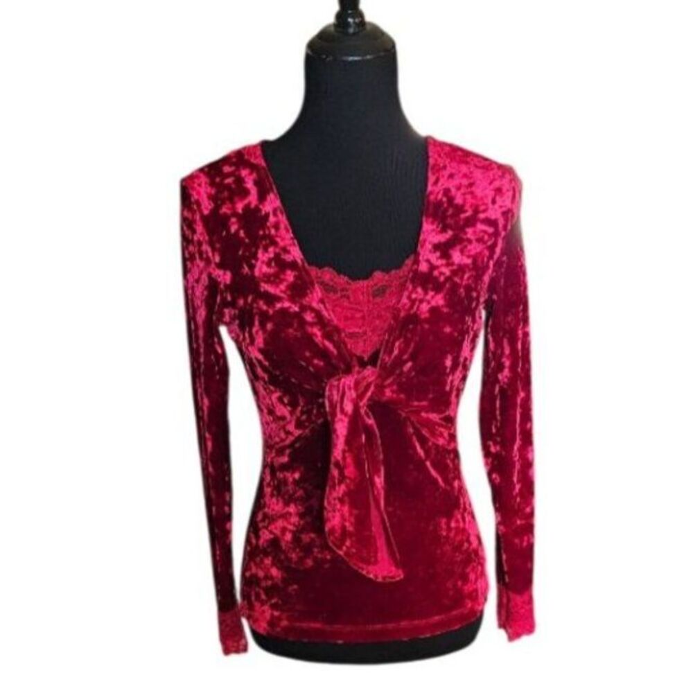 Y2K DressBarn Crushed Velvet Wrap Top Lace Cami Gothic Red Small